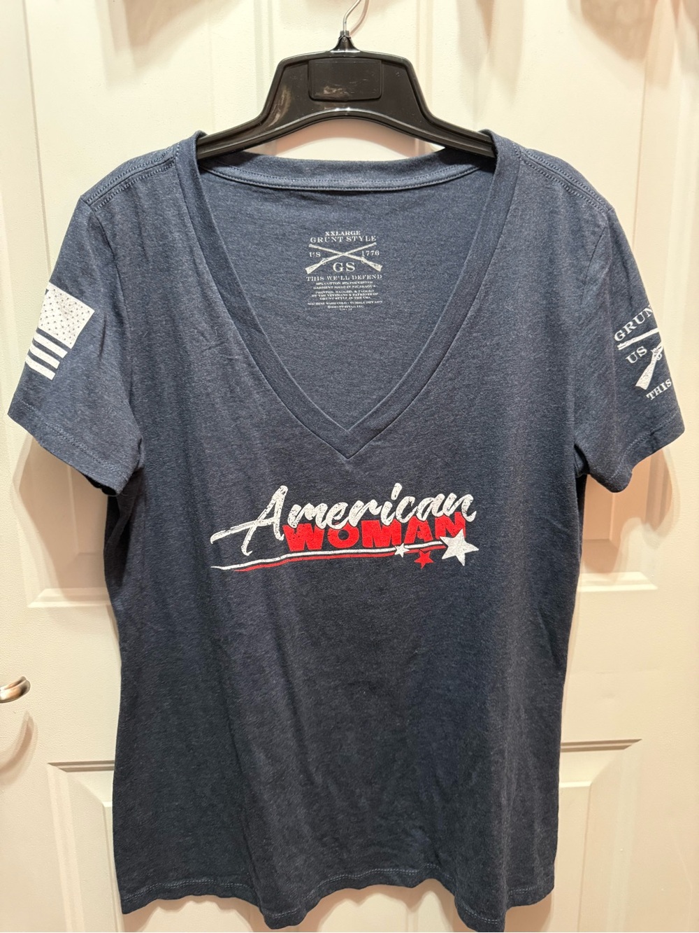 Grunt Style Navy and White American Woman V-Neck Tee with Red Accent XXL